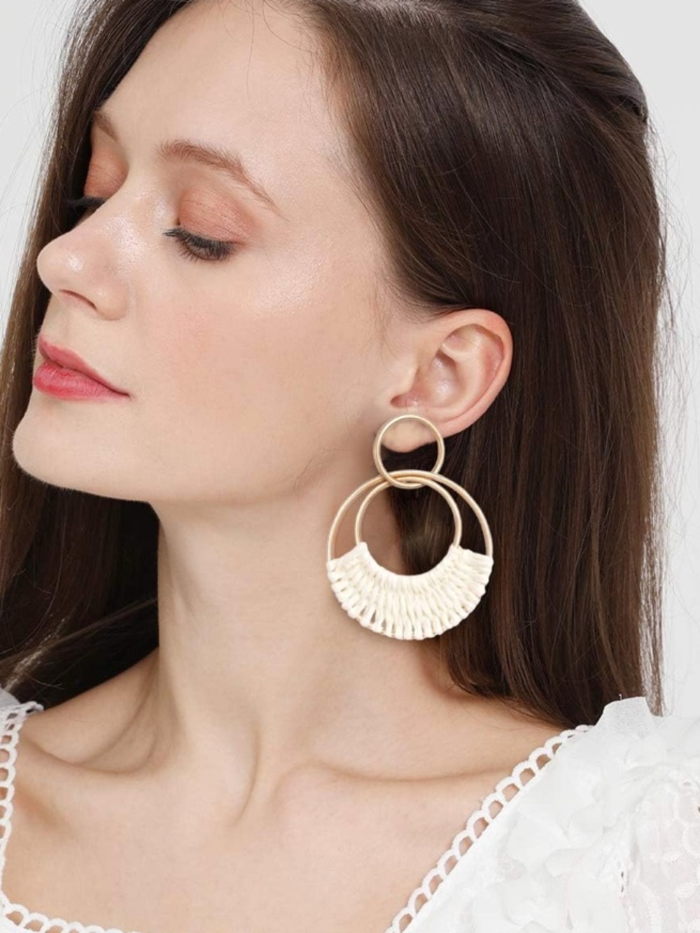 Elegant Gold and Cream  Fringe Double Hoop Summer Earrings
